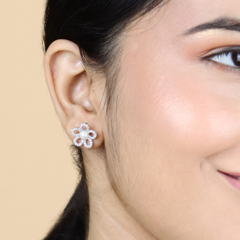 Silver Pearl Blossom Studs