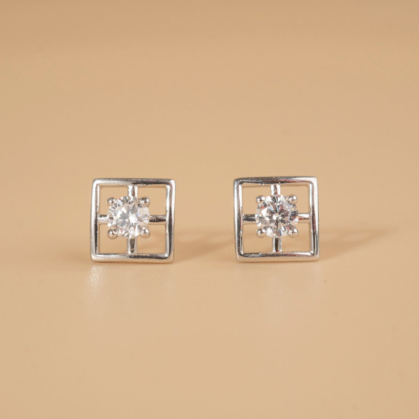 Crystal Centered Square Silver Earrings