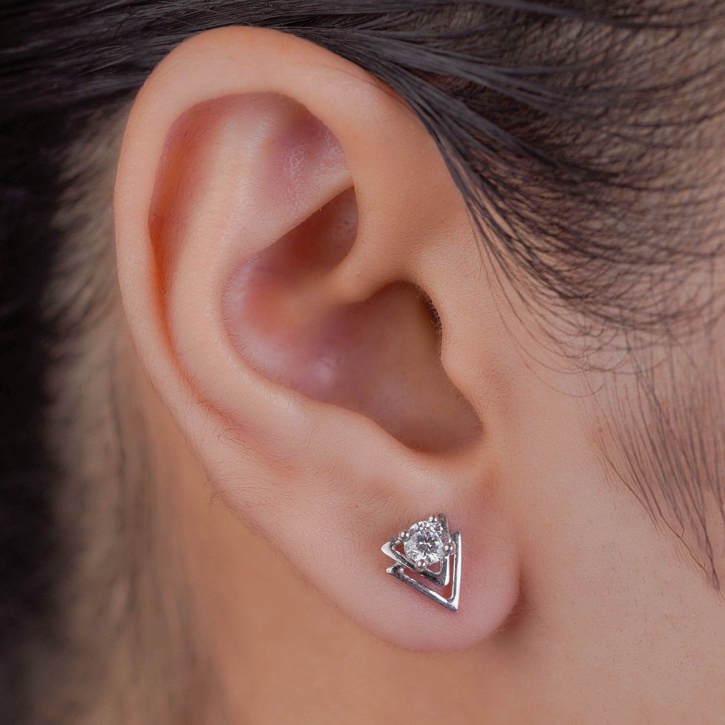 Silver Twin Triangle Earrings with Crystal Center