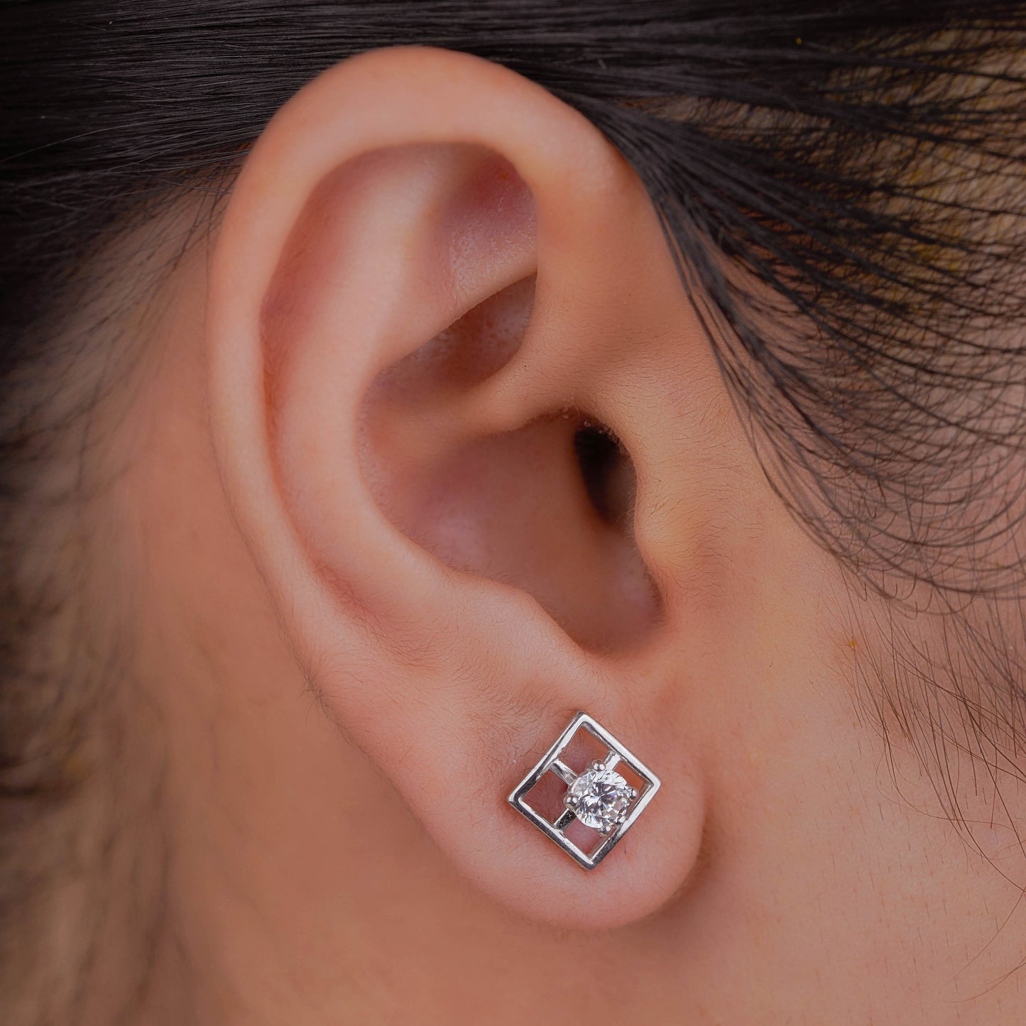 Crystal Centered Square Silver Earrings
