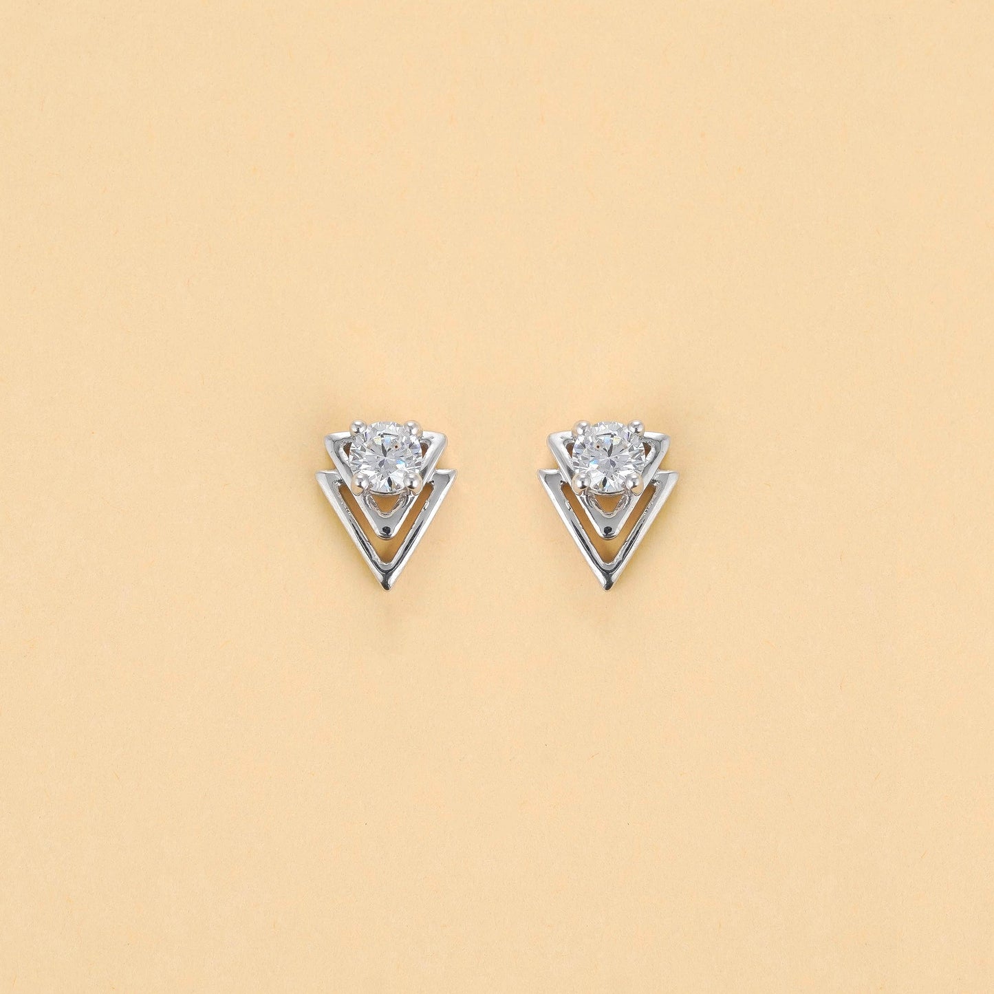 Silver Twin Triangle Earrings with Crystal Center